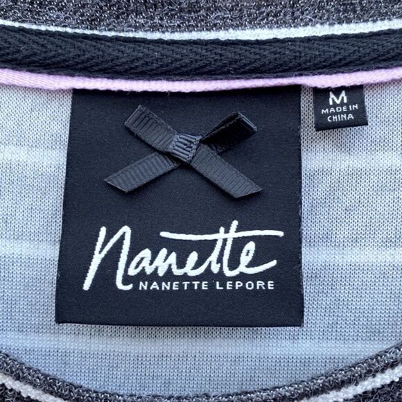 Nanette Lepore Black/White Striped Peplum Top w/Red Beaded Lips Sz M. EUC Art - Picture 5 of 7